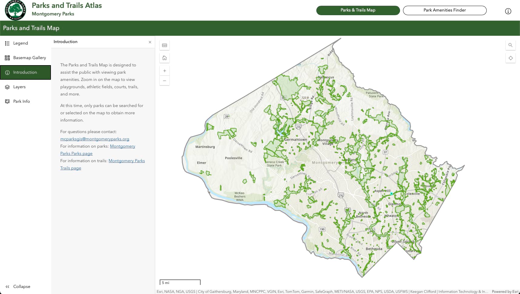 Parks and Trails Atlas showing a detailed park map with trails, playgrounds, and amenity icons visible