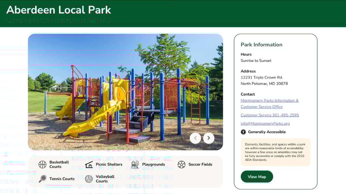 Screenshot of Park Amenities Finder with park information for Aberdeen Regional Park
