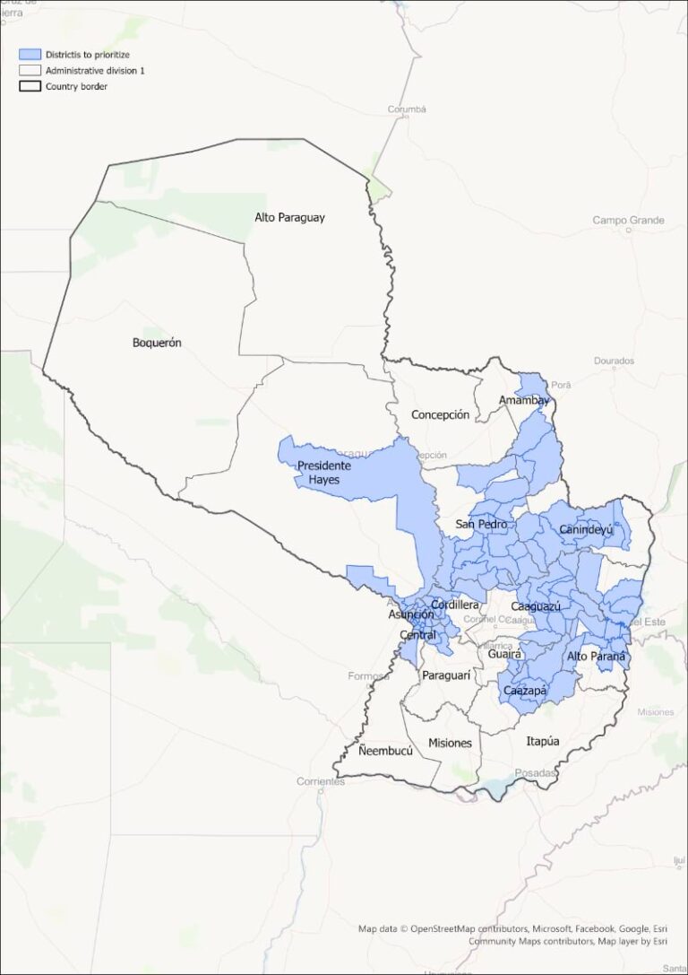 Map of Paraguay showing priority districts highlighted in blue, concentrated in eastern regions around major population centers