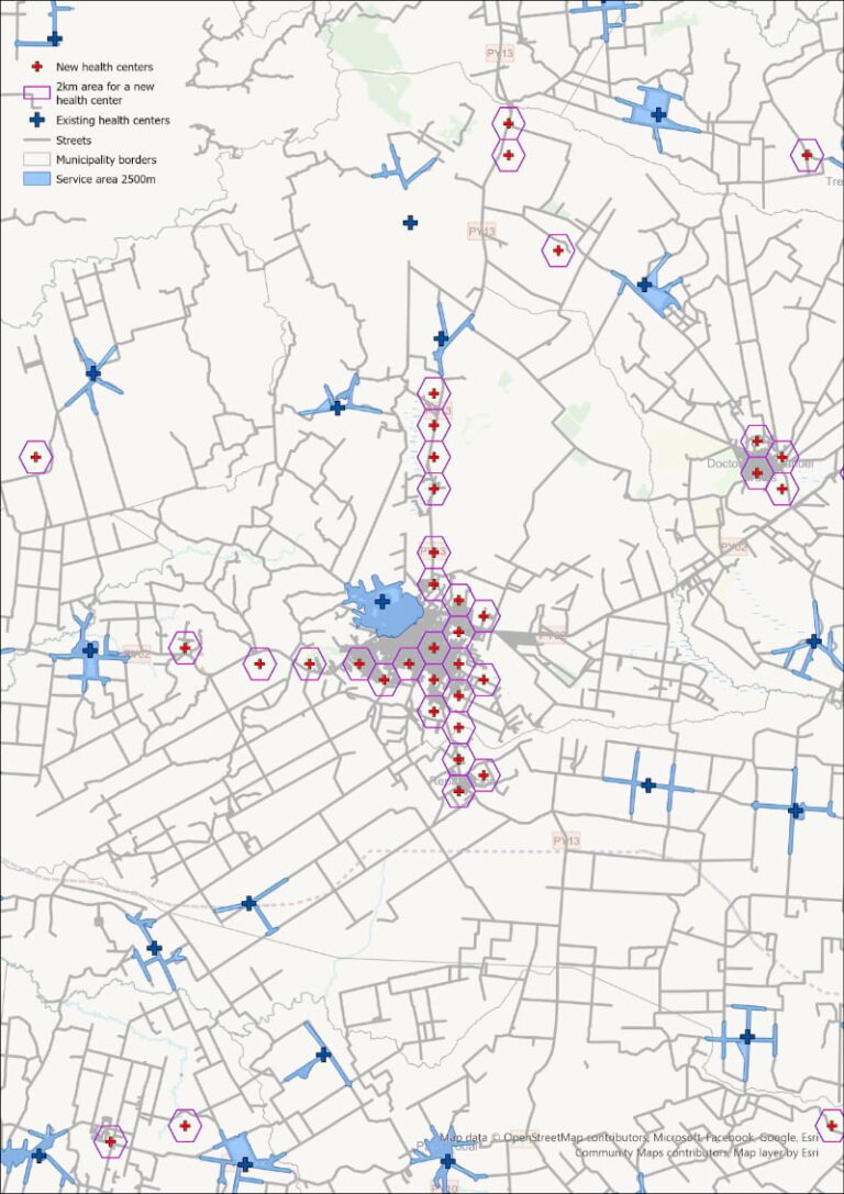 Strategic expansion builds on existing foundations. Paraguay's health planners position new family health units (hexagonal markers) to complement current facilities, creating an interconnected network where roads become lifelines connecting communities to care.