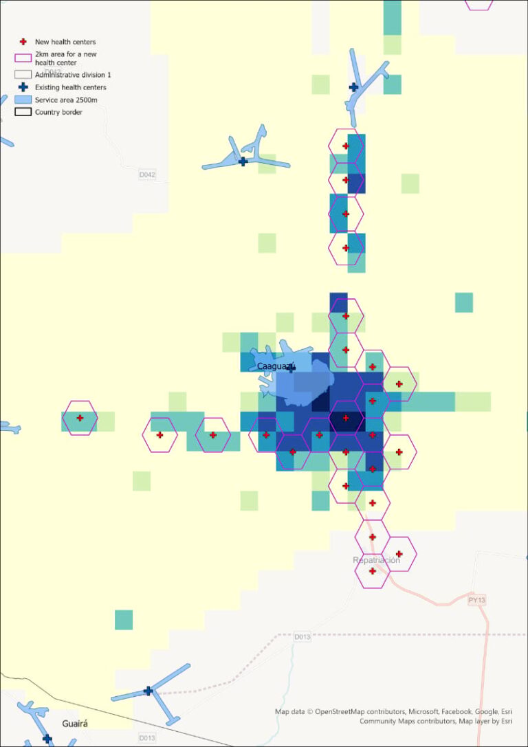 Map of Paraguay showing existing health centers with circular coverage areas and planned new health centers with hexagonal coverage zones