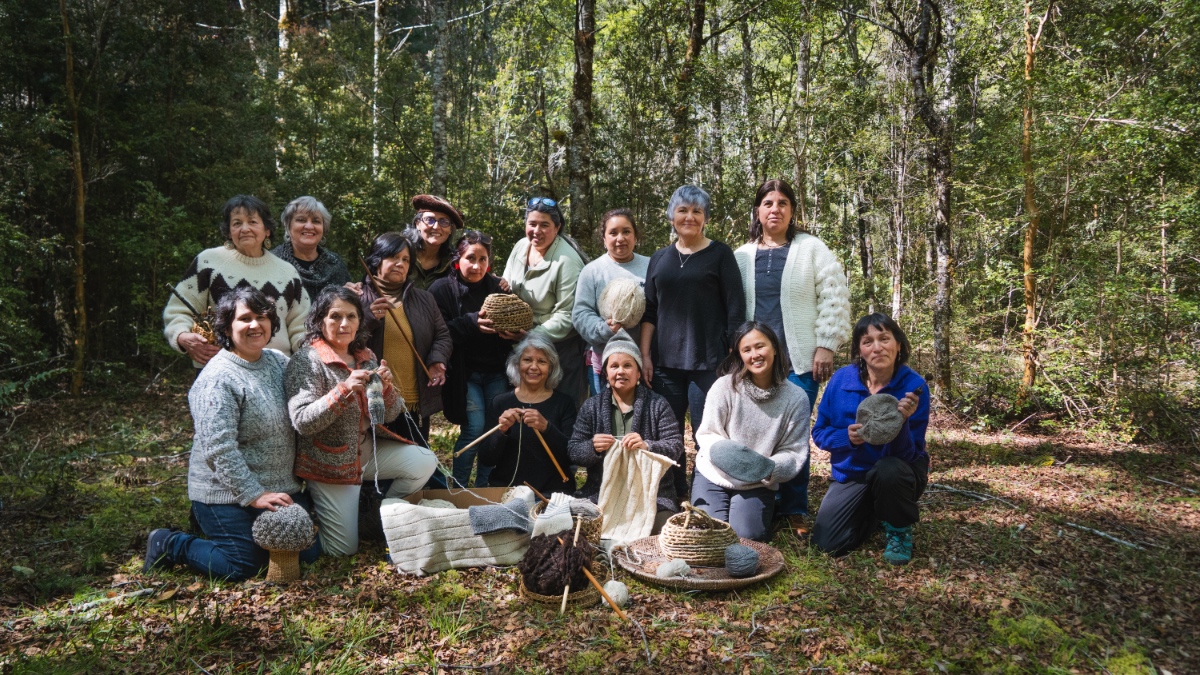 Group of women artisans with traditional baskets and textiles gathered in forest clearing, some seated and some standing