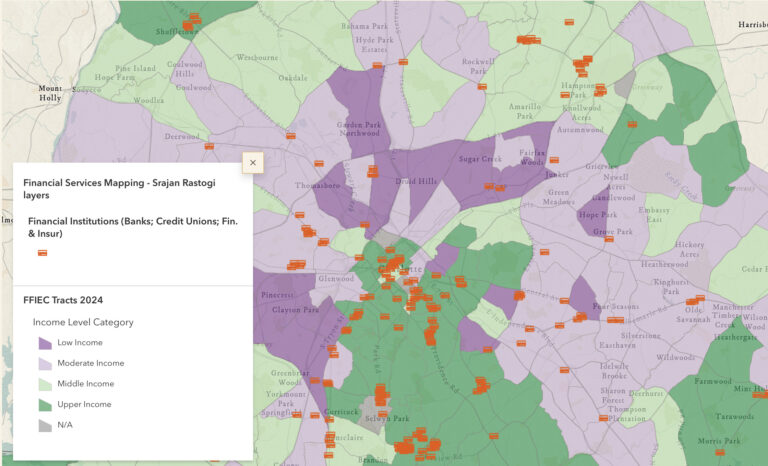 A map of Charlotte, North Carolina, with regions highighted in shaades of purple and greens