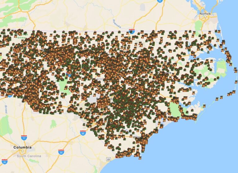 A map of the United States with scattered brown data points