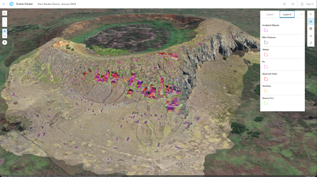 3D aerial view of Rano Raraku quarry with pink-highlighted moai statues scattered across volcanic slopes and crater.