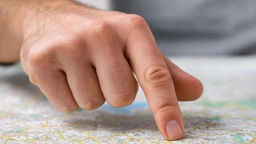 A hand tracing a paper map