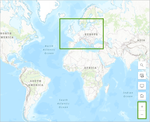A world map with a green box around Europe
