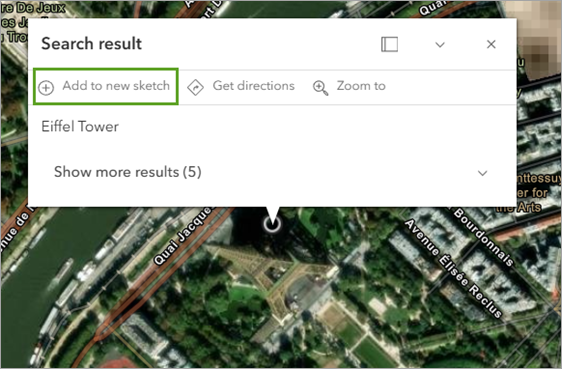 A search result popup box with a green rectangle around the words add to new sketch
