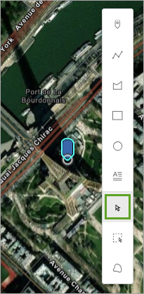 A snippet of a Paris, France, map with a blue GPS arrow near the Eiffel Tower