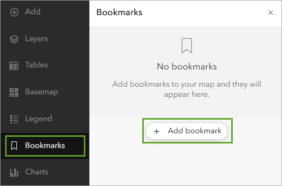 A dark colored toolbar with a green rectangle around the word bookmarks