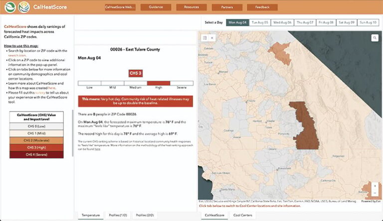 The CalHeatScore website displays a map of East Tulare County, California, and its surrounding areas, with sections highlighted based on the heat index. East Tulare County shows a rating of 3, meaning it's a very hot day. The community risk of heat-related illnesses may double.