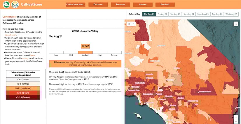 The CalHeatScore website shows a map of Southern California, with different ZIP codes colored in various shades of red and orange to indicate heat risk levels. ZIP code 92356, Lucerne Valley, is light orange and is highlighted, It shows a rating of CHS 2, medium.