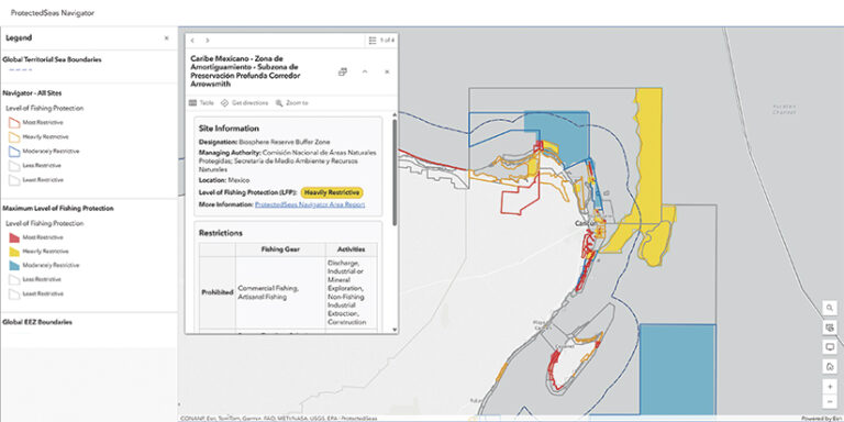 A screenshot of ProtectedSeas Navigator shows a map of the coast of Mexico, highlighting the Caribe Mexicano area. A pop-up displays site information including designation as a Biosphere Reserve Buffer Zone with "Heavily Restrictive" fishing protection level. Restrictions prohibit commercial and artisanal fishing and activities. A legend defines levels of fishing protection.