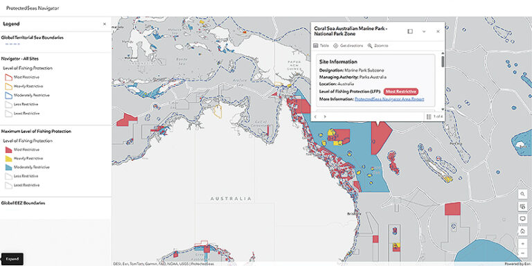 A map from the ProtectedSeas Navigator shows the Coral Sea Australian Marine Park and National Park Zone, including Australia and Papua New Guinea. A legend explains level of fishing protection, from "Most Restrictive" (red) to "Least Restrictive." A pop-up gives site information; LFP is "Most Restrictive."