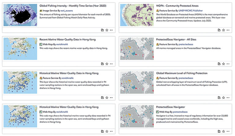 Eight images show maps of global fishing intensity, community protected areas, marine water quality data in Hong Kong, and protected seas. Some images display data summaries or interactive features related to these topics. The data sources include the Global Fishing Watch, WDPA, and ProtectedSeas Navigator.