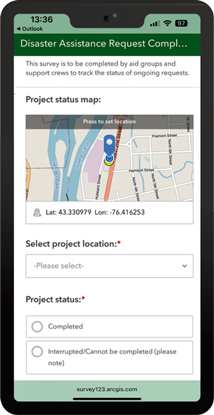 A smartphone displays a "Disaster Assistance Request" form. The form includes a map with a location marker, latitude/longitude coordinates, a dropdown menu for selecting project location, and radio buttons for "Completed" or "Interrupted/Cannot be completed."