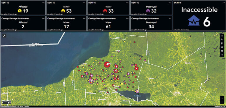 A screenshot of a dashboard showing damage assessments in Oswego. The dashboard displays a map of Oswego with color-coded markers indicating the severity of damage in different areas. The top row shows the DSRT v5 damage assessment data, while the second row displays the Oswego damage assessment data. Six homes are inaccessible.