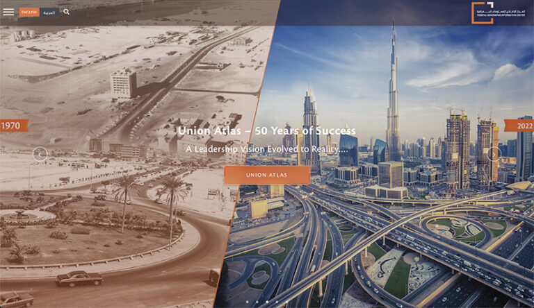 Dubai's evolution from 1970 to 2022, showing a sepia-toned image next to a modern cityscape with skyscrapers and highways.