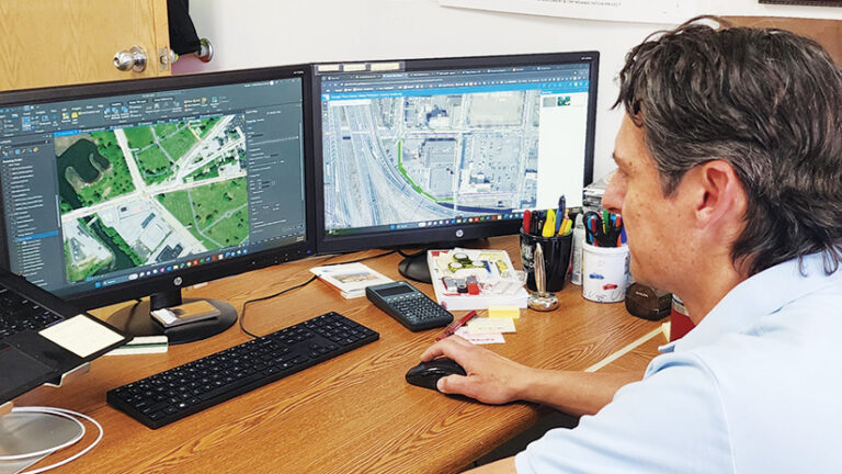 A man views dual monitors displaying aerial imagery at his desk cluttered with office supplies.