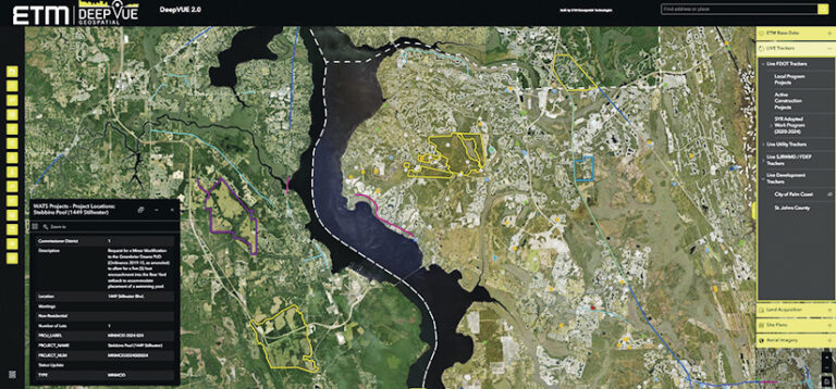 A screenshot of DeepVUE Geospatial platform with aerial imagery, project locations, and data trackers.