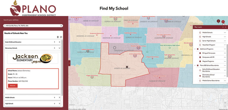 The Plano Independent School District’s "Find My School" tool with a map showing school district boundaries and details for Jackson Elementary School.
