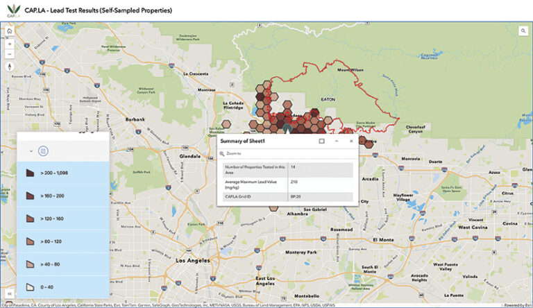 A map showing lead test results in the Altadena area, which is divided into zones. Hexagonal patterns denote lead levels, ranging from 0-40 to over 200 mg/kg. A summary of one zone indicates 14 properties were tested, with an average maximum lead value of 210 mg/kg.