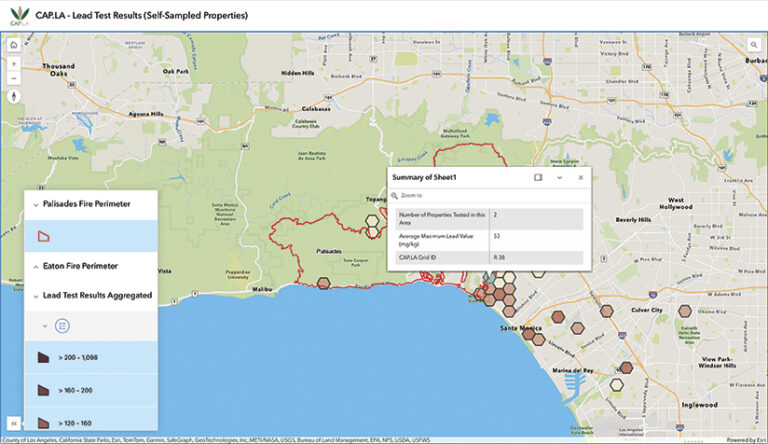 A map showing lead test results in the Pacific Palisades area. The map displays lead test results as aggregated data, with color-coded markers indicating different lead levels. A pop-up window summarizes data for a selected area.