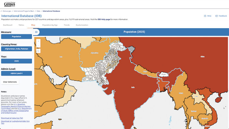 A screenshot of the US Census Bureau's International Database (IDB) website showing a population map for Afghanistan, India, and Pakistan for the year 2025. The map visualizes population density with varying shades of color. A sidebar allows users to filter data by measure, country/area, year, and administrative level.