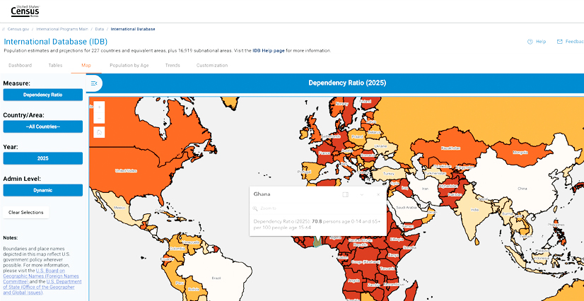A screenshot of the US Census Bureau's International Database (IDB) map. The map shows the projected dependency ratio for 2025, with countries shaded in various colors, depending on the ratio values. Ghana is selected, displaying its dependency ratio of 70.8.