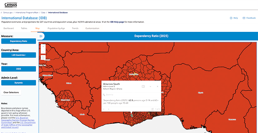 The US Census Bureau's International Database (IDB) interactive map displaying the Dependency Ratio for 2025. The map is focused on West Africa, with the majority of the land colored red. A popup box highlights "Amansie South" in Ghana with a ratio of 62.8. Filter options for measure, country, year, and administrative level are located on the left side of the display.