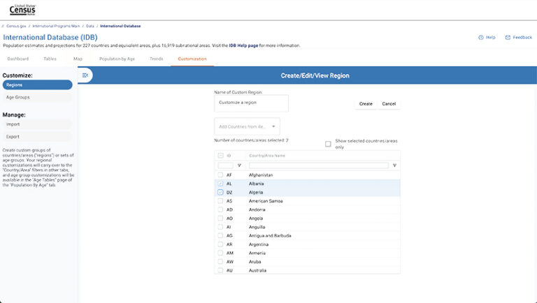 A screenshot of the US Census Bureau's International Database (IDB) interface. The "Customization" tab is selected, showing options to create custom regions by selecting countries/areas from a list, with Albania and Algeria currently selected. Options for creating and managing these regions are also visible.