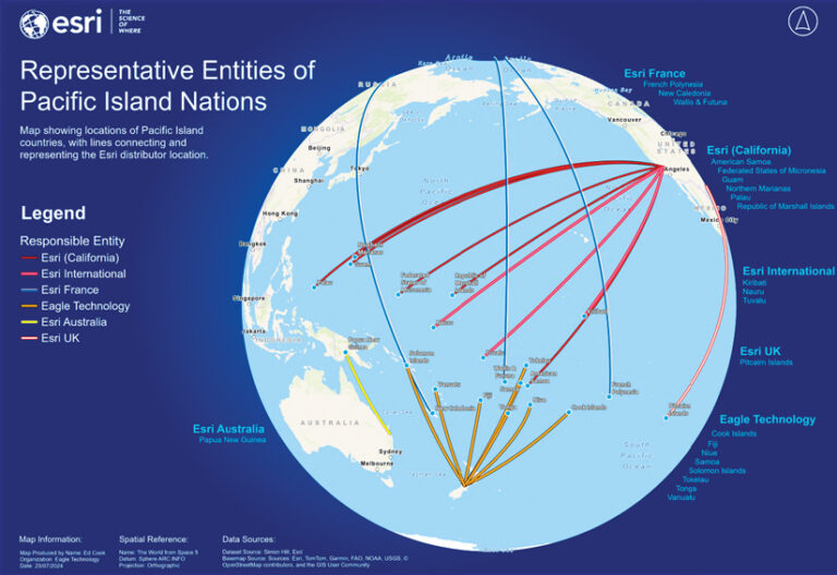 A map showing the representative entities of Pacific Island Nations, with lines connecting countries to Esri distributor locations.