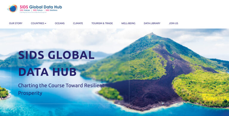 The SIDS Global Data Hub website featuring a lush tropical island and the tagline "Charting the Course Toward Resilient Prosperity."