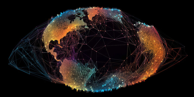 An abstract illustration of a globe composed of interconnected lines and dots, on a black background.
