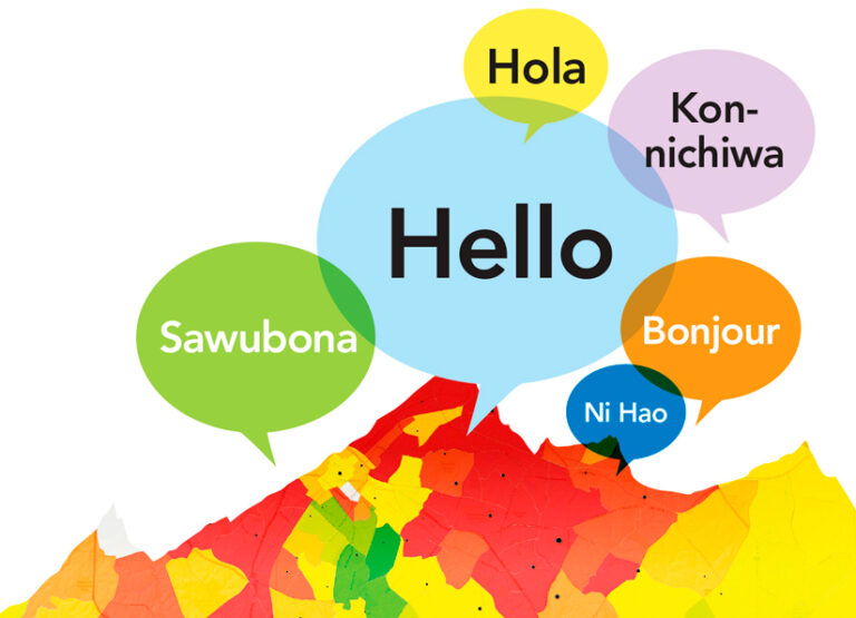 Colorful speech bubbles that say "Hello" in different languages rest above a fragmented red, yellow, and green map.