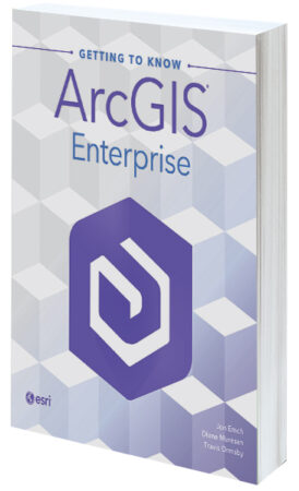 A white and purple book cover with a cubed pattern that says Getting to Know ArcGIS Enterprise and has the ArcGIS Enterprise logo underneath the title