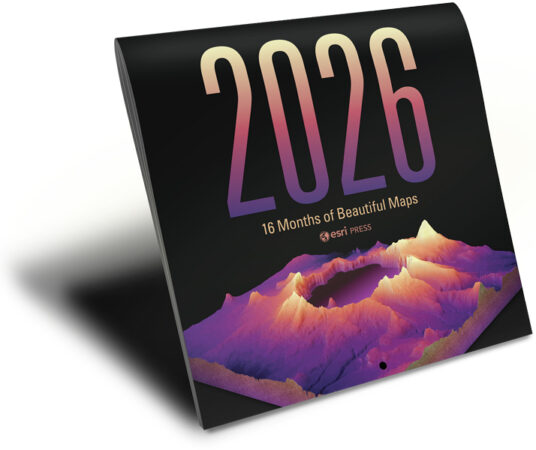 A black wall calendar cover with a bright purple, orange, and gold 3D topographic map on it that says 2026 Esri Press Wall Calendar: 16 Months of Beautiful Maps