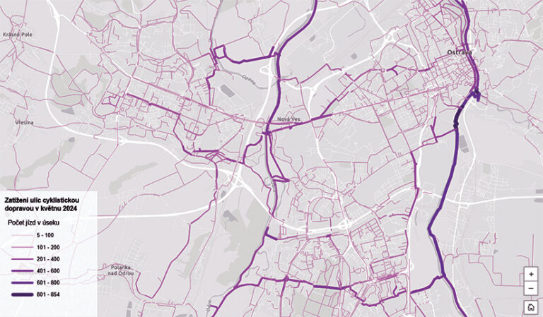 A map of bicycle traffic in Ostrava, Czech Republic, in May 2024, using different shades of purple to indicate street traffic. Includes a legend that describes the shade range from 5 to 854 trips.