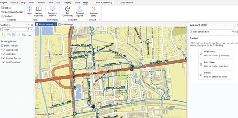 A screenshot of the ArcGIS Pro interface with a map of an electric network in the middle The Assistant panel is open, offering help with Graph Query, Query Layer, and Actions.