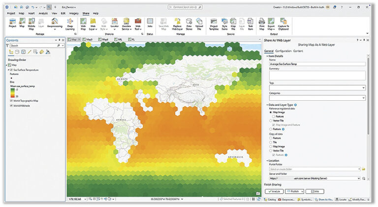 A screenshot of Esri ArcGIS Pro displaying a world map with sea surface temperature data represented in a hexagonal grid overlay, colored from green to yellow to orange. A "Share as Web Layer" window is open, showing settings for sharing the data.