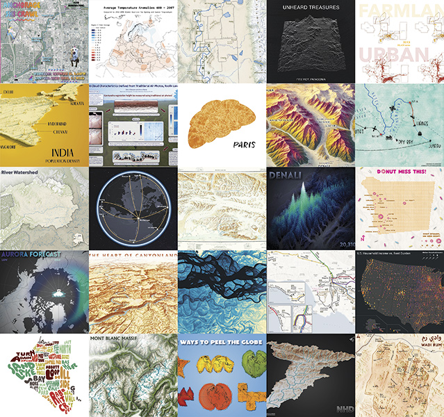 A collage of 24 different maps on topics including population density, temperature anomalies, and cartographic illustrations of global landmarks.