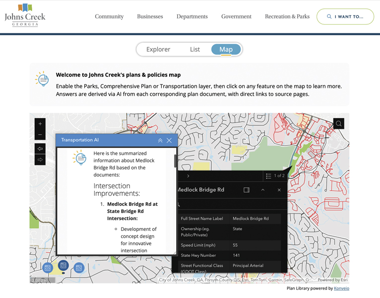 Johns Creek's plans and policies map showing a transportation layer with AI-generated information about Medlock Bridge Road's intersection improvements and road details.