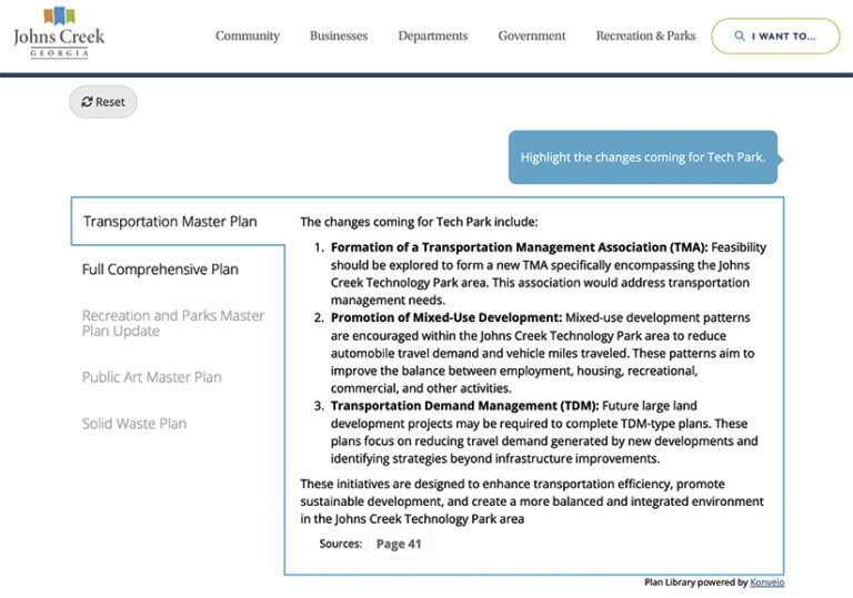 The AI-powered assistant on Johns Creek’s website highlighting proposed changes for Tech Park, including the formation of a transportation management association, the promotion of mixed-use developments, and information on Transportation Demand Management.