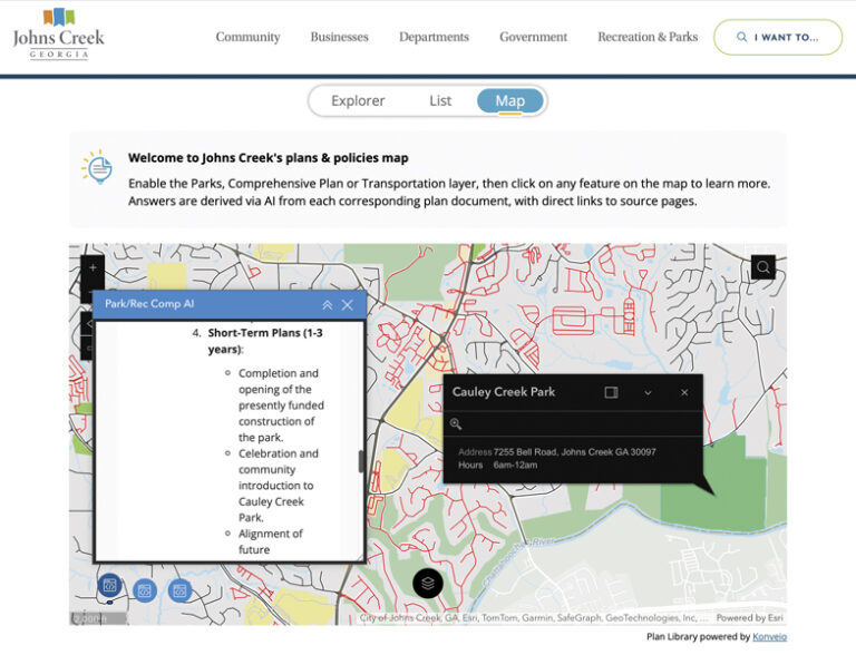 Johns Creek, Georgia's plans and policies map showing Cauley Creek Park address and hours, along with an AI-generated pop-up displaying short-term park plans.
