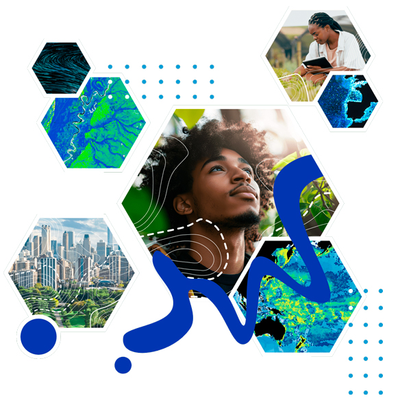 Graphic with a series of hexagons containing photos or map illustrations. In the central hexagon, a young man looks up, in another, a woman holds a tablet and looks at something on the ground. Others include a photo of a city skyline and a green and blue watershed map.
