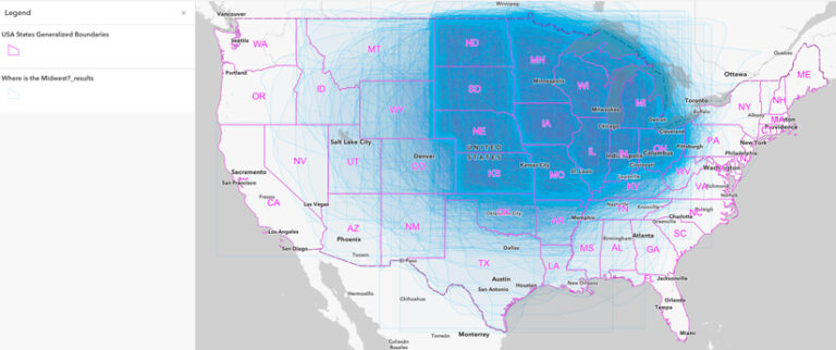 A map of the United States with state boundaries denoted and labeled in pink. Various blue circles surround various parts of the middle of the country, with most of them around the region that is generally agreed to constitute the Midwest.