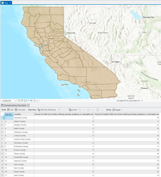 A map of the state of California separated into counties. Below the map is a table listing the names of the counties, as well as licensed childcare providers by county.