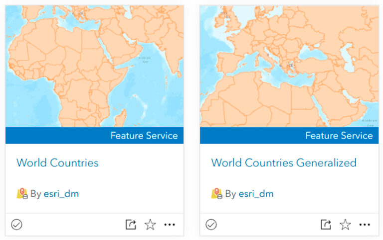 Two thumbnails from ArcGIS Living Atlas of the World displaying Africa and the Mediterranean Sea at different scales. The thumbnail on the left is labeled “World Countries,” and the one on the right is labeled “World Countries Generalized.”