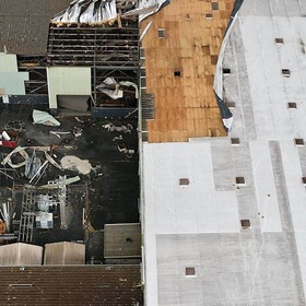 A storm-damaged warehouse