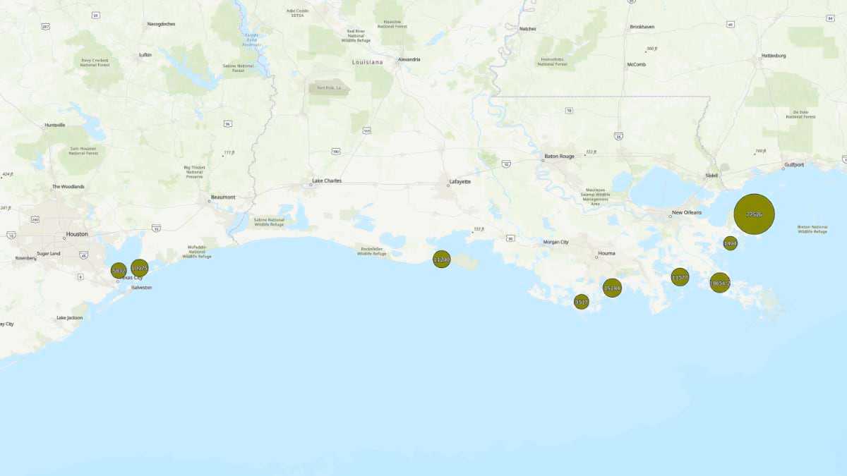 GIS map of Gulf Coast showing green circles marking restoration sites from Texas to Louisiana, sized by tons of material deployed to rebuild reefs.